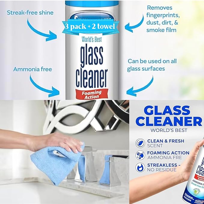 Pack (3 bottles) Glass Cleaner Foam Action Cleaner 23 oz each with 2 Microfiber Cleaning Cloth