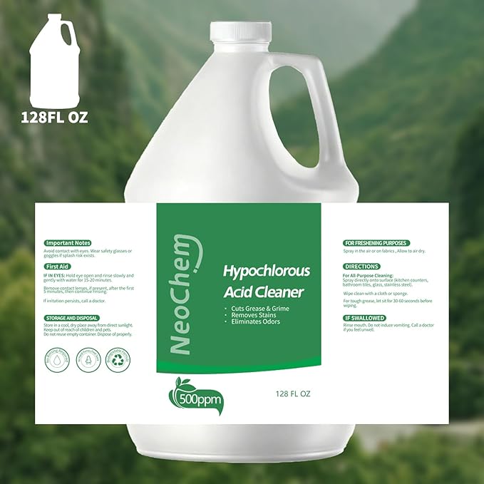 Hypochlorous Acid Spray For Cleaning 500ppm Hypochlorous AcidCuts Grease Removes Stains Eliminates Odors - No Rinse No Harsh Fumes Biodegradable (1Gallon*8)