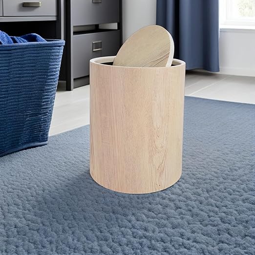 Garneck Large Wood Grain Plastic Trash Can with Flip Top Lid Space-Saving Round Farmhouse Wastebasket for Bedroom Dining Room Kitchen Noiseless Bin for Office Hotel Households