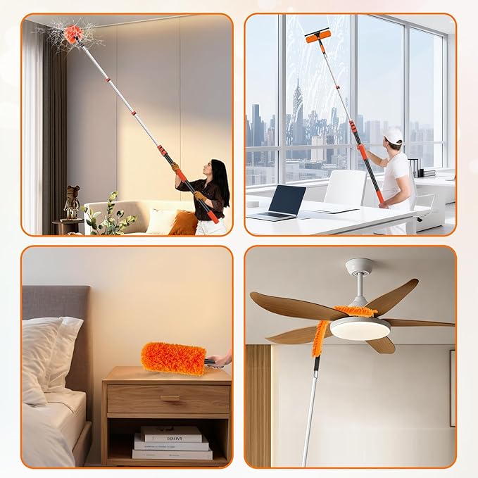 30FT High Reach Duster Cleaning Kit with 24FT Pole | 4-in-1 Tool Set with Universal Swivel Joint | High Ceiling Fan Cleaner Microfiber Duster &amp Window Squeegee for Safe High-Reach Cleaning
