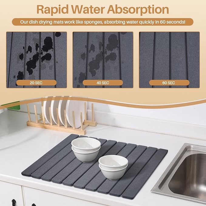 2 PCS Quick Dry Stone Dishes Mats for Kitchen CounterCollapsible Quick Drying Dish MatsUltra Absorbent Diatomaceous Earth Mats for Dishes Bottles Cups Match Any Countertop（Dark Gray 24×16&amp 8