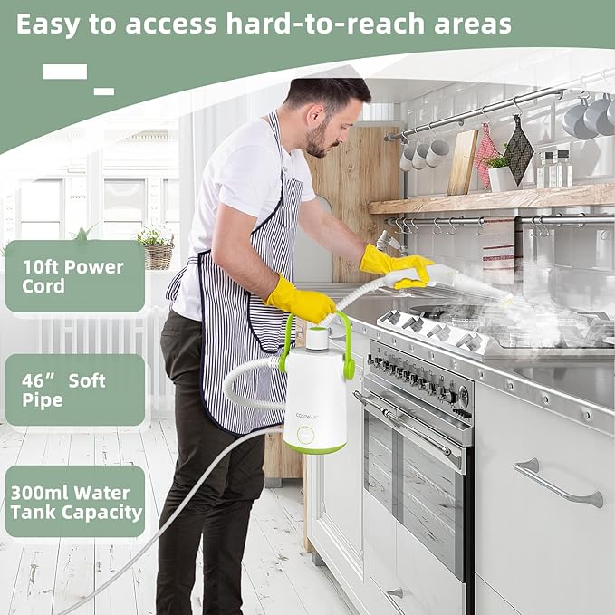 COSTWAY Handheld Multipurpose Steam Cleaner with 300ml (10.2oz) Water Tank Extended Hose &amp Extra-long Cord Portable Heavy Duty Steamer for Garment Windows Tires 10 Piece Accessory Set (Green