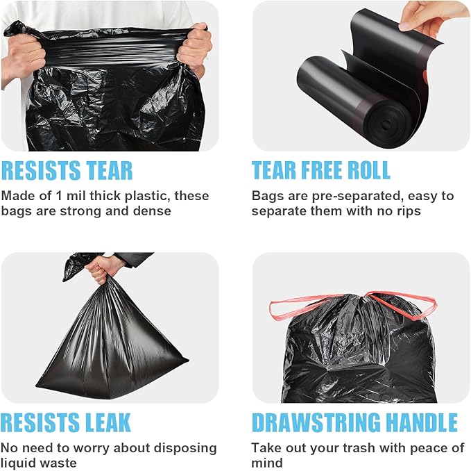 Pre-Separated Drawstring Trash Bags for 15 Gallon Trash Cans 100 Count Ultra Strong Black Tall Kitchen Garbage Bags Tear-Free Large Trash Liners for Lawn &amp Yard