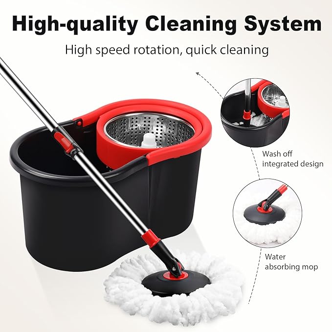 Spin Mop and Bucket Mop and Bucket with Wringer Set for Home 360 Spinning Mop Bucket Floor Cleaning Tool with 1 Microfiber Mop Replacement Head50 Stainless Steel Handle (Black-Includes 1 mop)