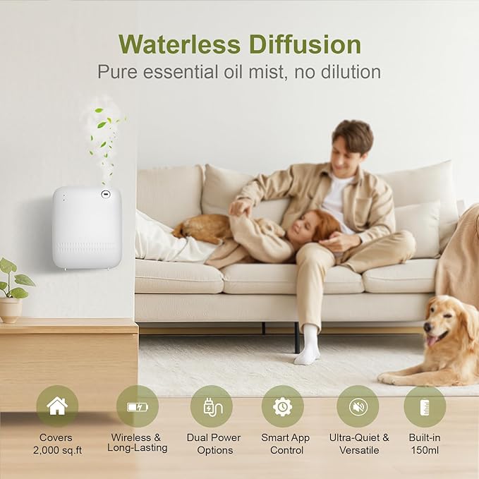 Waterless DiffuserWireless Essential Oil Battery Operated2000 Sq FtSafety LockQuietBluetooth AppHotel Home Collection Scent Machine - White