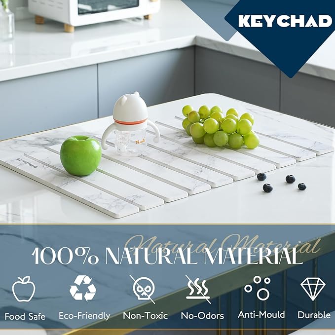 Large Stone Drying Mat for Kitchen Counter - 24x16 Quick Drying Collapsible Dish Drying Mat - Super Absorbent Diatomaceous Earth Mat - Stone Dish Drying Mat for Cups Dishes