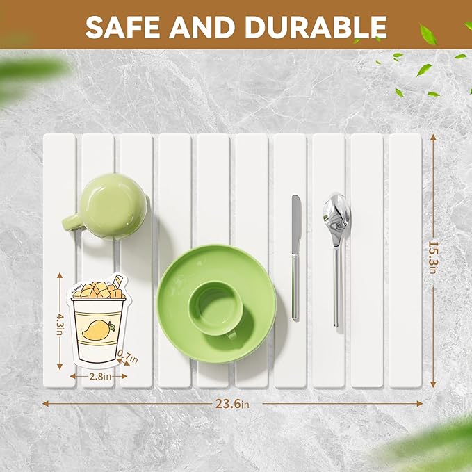 Large Stone Dish Drying Mat for Kitchen Counter23.6''x15.3'' Foldable Quick Dry Stone Kitchen MatEco-FriendlyAbsorbent Diatomaceous Earth Mats for Dishes Bottles Cups Bathroom Any Countertop-White
