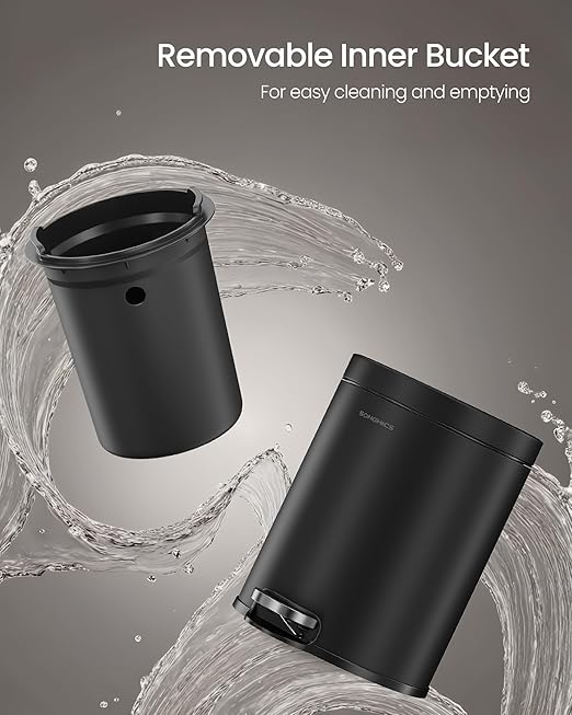 SONGMICS Bathroom Trash Can 1.6 Gallon (6 L) Small Toilet Garbage Bin with Lid Soft-Close Stainless Steel Pedal Inner Bucket Bedroom Ink Black ULTB016BZ01