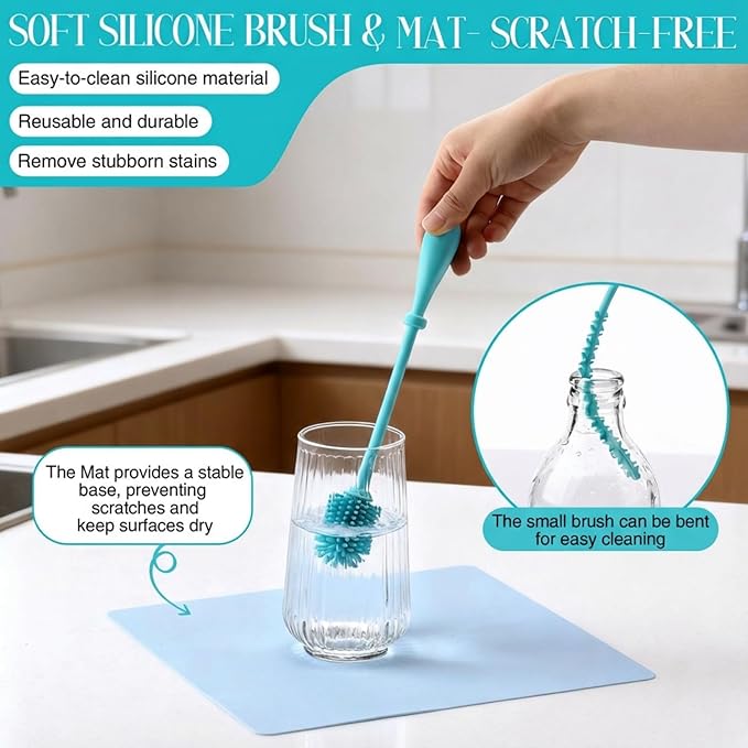 Glass Cleaning Kit - Reusable Silicone Accessories - Complete Kit to Clean your Piece Just Add Cleaner - Reusable Soaker Bag Brushes Mat Caps &amp Plugs Funnel &amp Microfiber Towel (12pc)