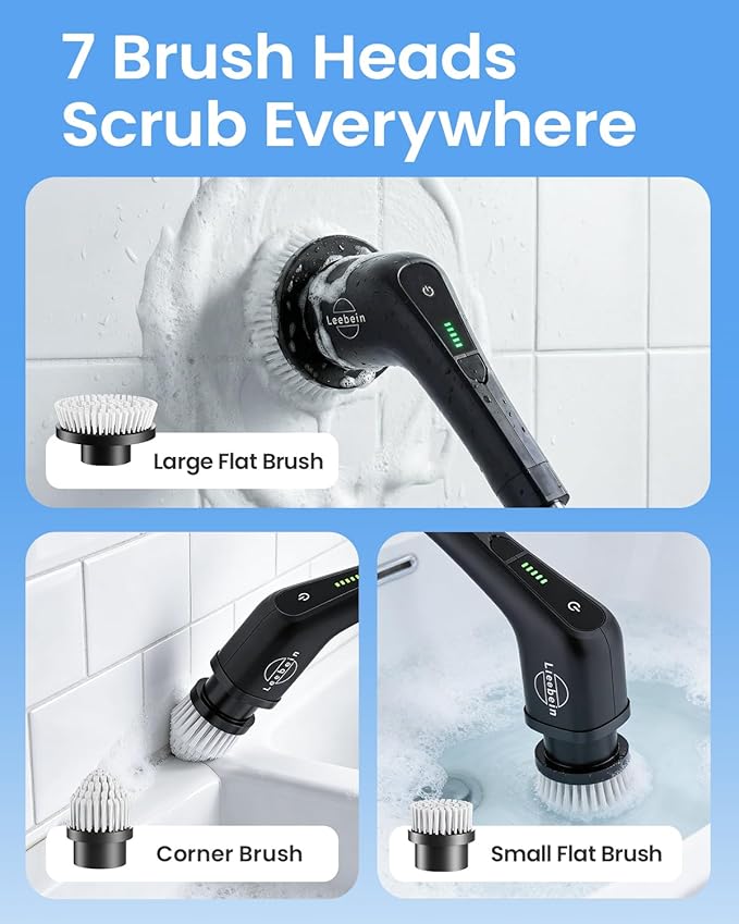 Leebein Electric Spin Scrubber Cordless Cleaning Brush with 8 Replaceable Brush Heads Tub and Floor Tile Power Scrubber Dual Speed with Adjustable &amp Detachable Handle for Bathroom Tub (All Black