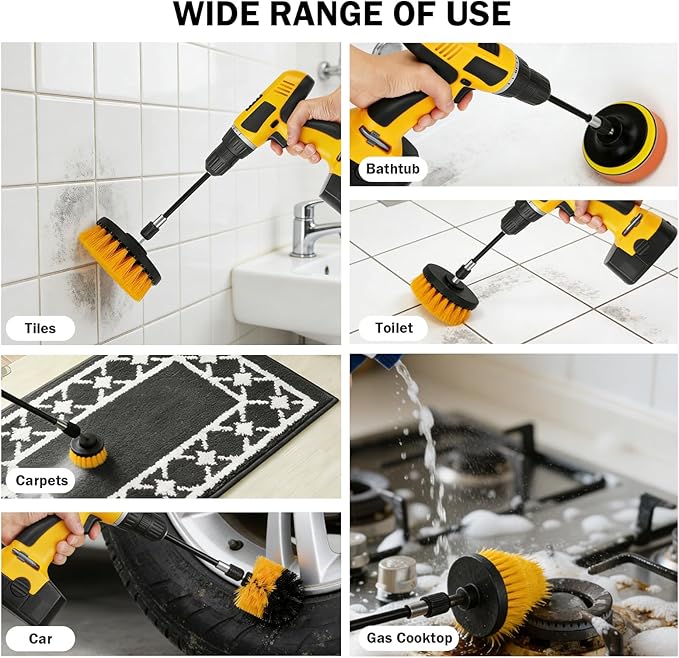 18PCS Drill Brush Attachments Set Power Cleaning Scrub Brushes with Scrub Pads Sponge Extend Long Attachment Cleaning Brush Supplies for Bathroom Bathtub Grout Tile Sinks Corners Car Wheel