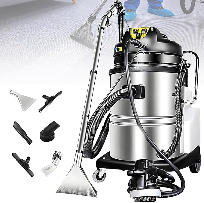 Carpet Cleaner Machine Deep Cleaner Commercial Carpet Cleaning Machine with Water Vacuuming Head&ampRound Brush Portable Wet Dry Curtain Fabric Dust Cleaner for Hotels Guest Houses 60L