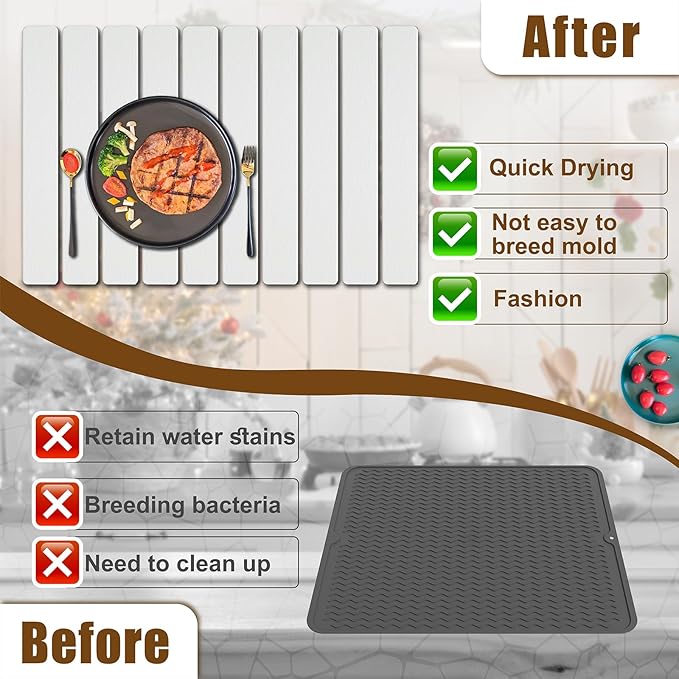 Large Stone Dish Drying Mat for Kitchen Counter 24×16 Quick Dry Collapsible Diatomaceous Earth Mat – Super Absorbent Foldable Drying Pad for Dishes (White 23.2 x 15.4)