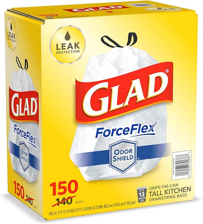 Glad Forceflex Tall Kitchen 13 Gallon Drawstring Trash Bags with Odorshield (150 Ct.)