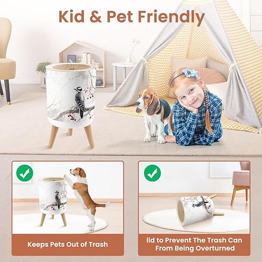 Bathroom Trash Can with Lid Abstract Woodpecker Snowy Snow Covered Branch Red Berries Winter Trees Garbage Bin Waste Basket for Kitchen Office Bedroom Decoration Diaper Pail 1.8 Gallon