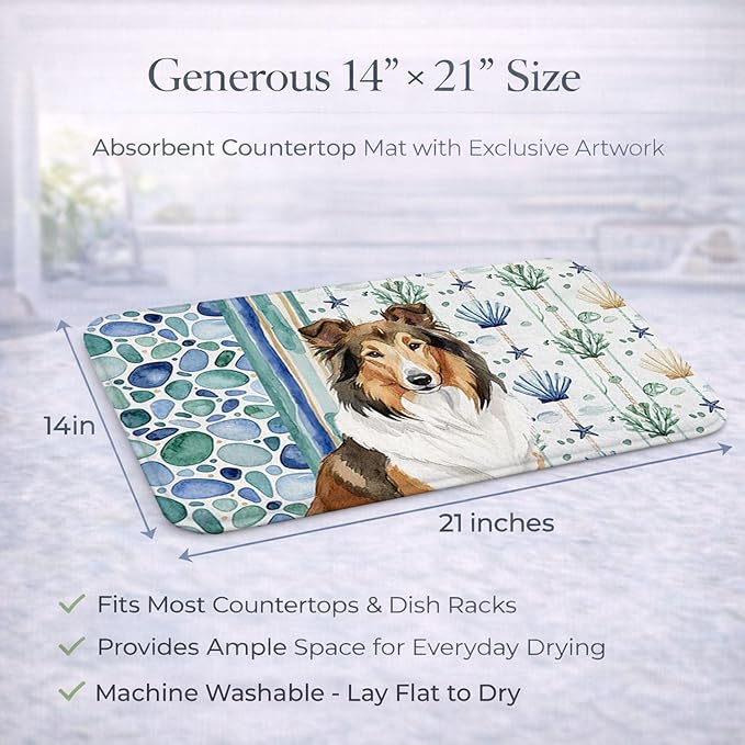 Caroline's Treasures Sable Collie Coastal Sea Glass Dish Drying Mat Absorbent Dish Drying Mat Pad for Kitchen Counter Dish Drainer Mat for Countertop 14 x 21 Multicolor