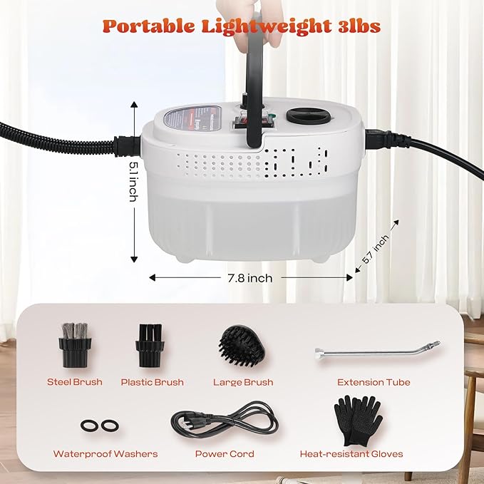 Moongiantgo Handheld Steam Cleaner 2500W High Pressure Steamer for Cleaning Portable Pressurized Cleaning Machine for Home Kitchen Car Detailing Grout Tile Bathroom with 1200ml Water Tank (White)