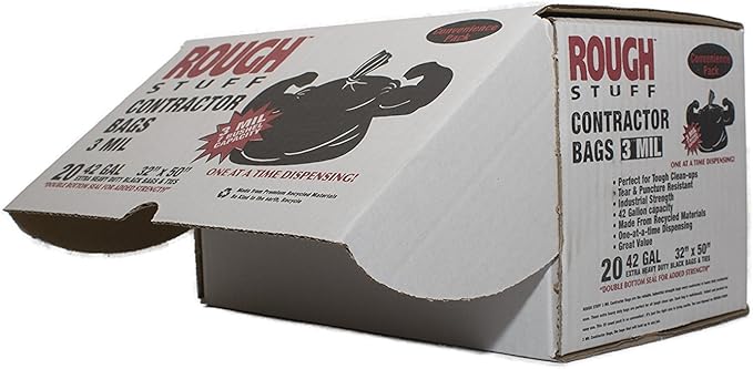 Heavy Duty Professional Quality Contractor Trash Bag 42 Gallon Capacity 50 Length X 32 Width X 3 Mil Thick 7 Bushel Capacity Black (Case of 20)