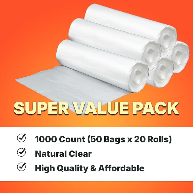 7-10 Gallon Trash Bags 8 Micron High Density Garbage Can Liners Bulk 24 x 24 Natural Clear 1000 Count