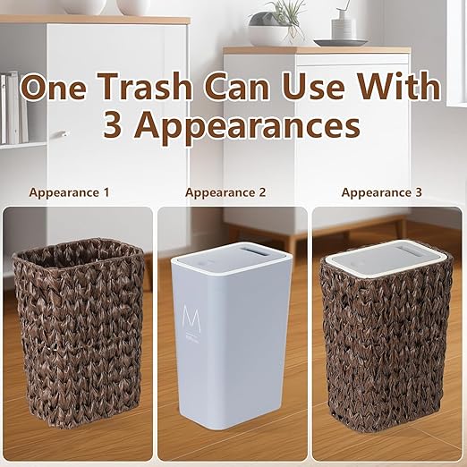 Bathroom Small Trash Can with Lid2.6 Gallon Small Garbage Can with Rattan Basket Slim Wicker Wastebasket Trash Can Press Top Lid for BathroomKitchenOfficeLiving RoomBedroom Brown