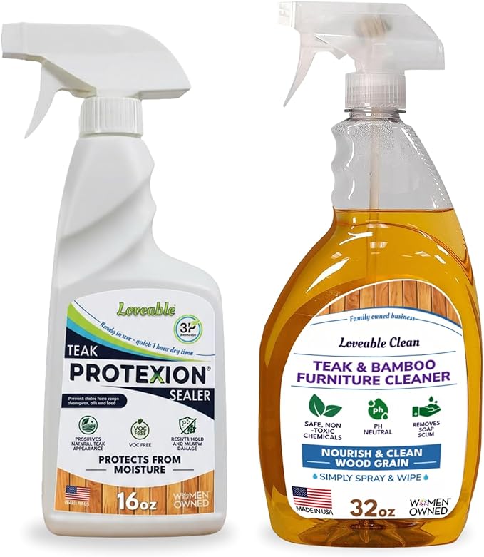 EcoDecors Loveable 32 oz Spray Bottle Teak Cleaner and Loveable Protection 16 oz Teak Sealer