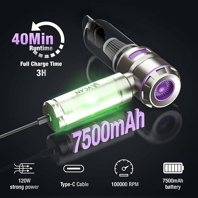 Car Vacuum Portable Cordless 18000PA High Power Mini Vacuum Cleaner Hand Vacuum Cordless Rechargeable with with Brushless Motor for Car Detailing Keyboard Cleaner Home Cleaning(Purple)