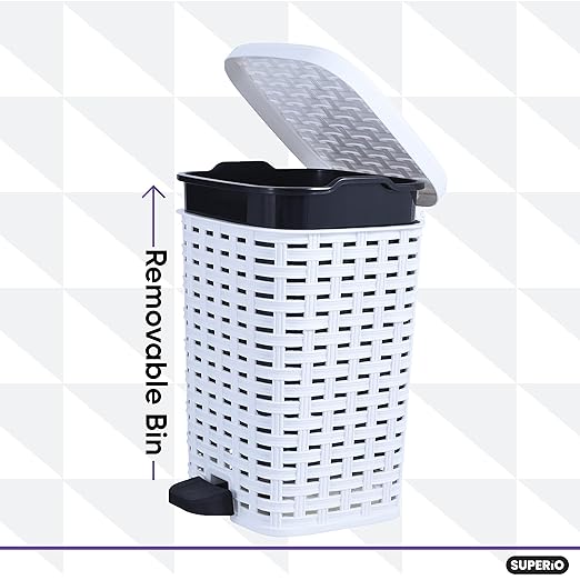 Superio Small Outdoor Trash Can with Lid for Dog Poop 3 Gallon/12 L Mini Plastic Garbage Can with Foot Pedal for Bathroom Bedroom Office Patio Wicker White