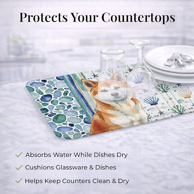 Caroline's Treasures Red Akita Coastal Sea Glass Dish Drying Mat Absorbent Dish Drying Mat Pad for Kitchen Counter Dish Drainer Mat for Countertop 14 x 21 Multicolor