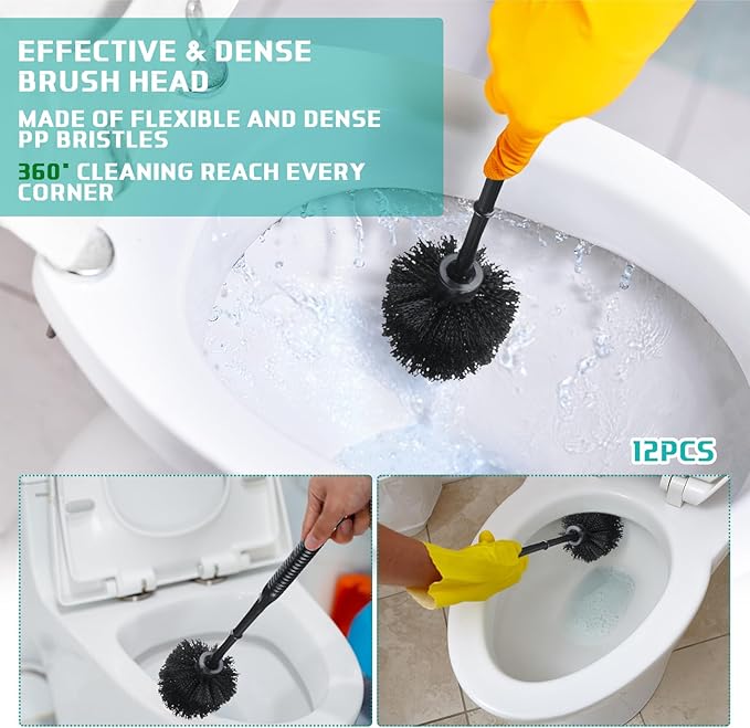 Roshtia 12 Sets Toilet Brush and Holder Set for Bathroom Toilet Bowl Brush Scrubber with Caddy for Deep Cleaning 14.57 Height (Black)