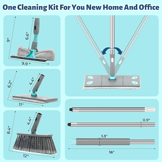 3-in-1 Detachable Broom and Mop Set Combo for House Cleaning Collapsible Broom and Mop for RV Camping Home Dorm Extension Pole Window Squeegee Grey