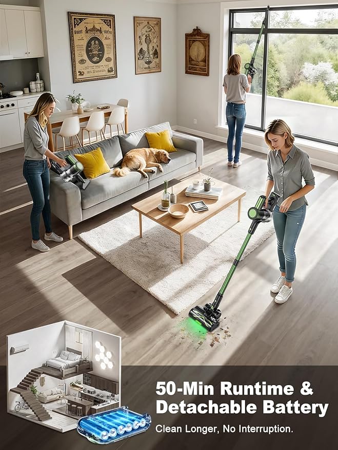 Cordless Vacuum Cleaner58kPa/10-in-1 Stick Vacuum with 29-inch Hose and LED Lighting Brush55Mins Runtime Vacuum Cleaner for HomeSelf-Standing Vacuum with Anti-Tangle Brush for Pet Hair/Carpet/Floor