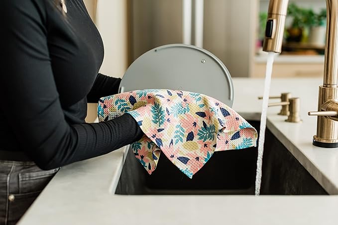 Waffle Weave Dish Cloths || 5 Pack || Highly Absorbent || Double Sided || Soft Premium Microfiber Cleaning Cloth || 12x12 inches (Floral)