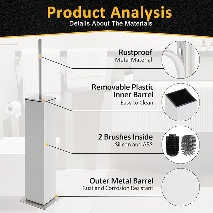 Toilet Brush and Holder Floor Standing White with 2 Replaceable Heads Bathroom Toilet Brush Freestanding Toilet Bowl Brush with Removable Liner and Splash Guard Modern Square Design