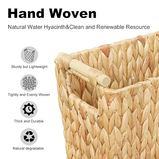 6 Gallon Wicker Trash Can with Wooden HandleWicker Waste Basket for BathroomBedroomLarge Narrow Water Hyacinth Trash BasketRattan Boho Decor Farmhouse Bathroom Trash Can