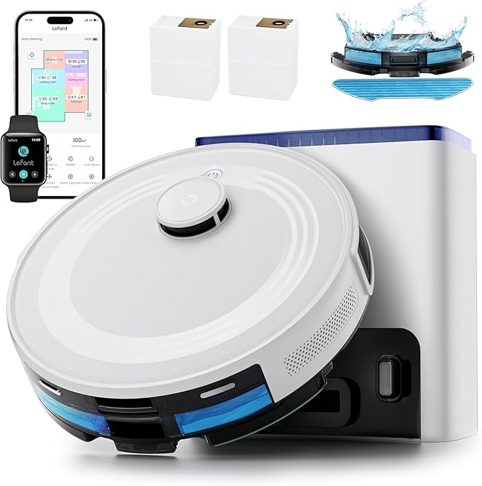 Lefant LiDAR Robot Vacuum and Mop 75-Day Self-Emptying 6000Pa Strong Suction Customized Cleaning Multi-Floor Mapping 130 Min Runtime 2.4G/5G WiFi/Alexa/APP/iWatch M2L Plus