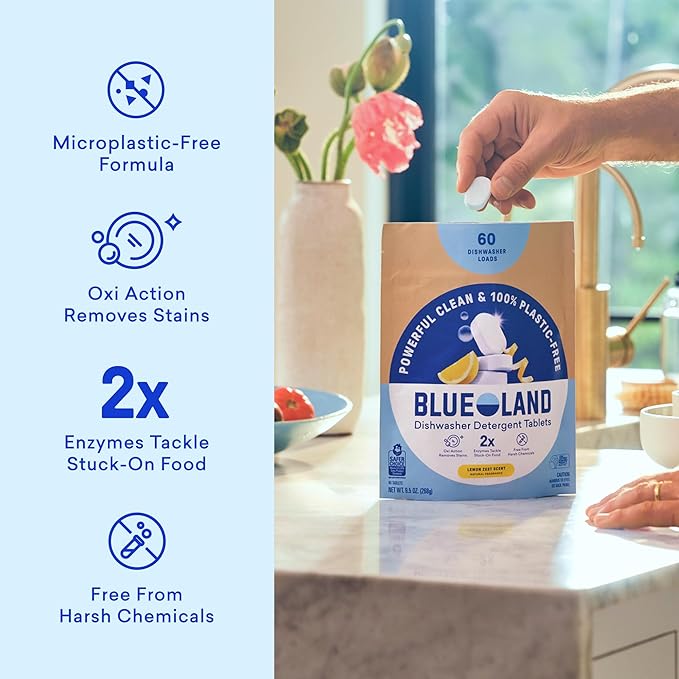 BLUELAND 100% Plastic-Free Dishwasher Detergent Tablets 120 Count Lemon Zest Scent Eco Friendly Dishwashing Pods Natural USDA Certified biobased