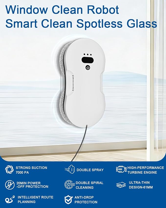 Window Cleaning Robot Automatic Window Cleaner Robot with Dual Spray Edge Detection Intelligent Path Planning 3000pa Strong Suction Anti-Drop Protection for Glass