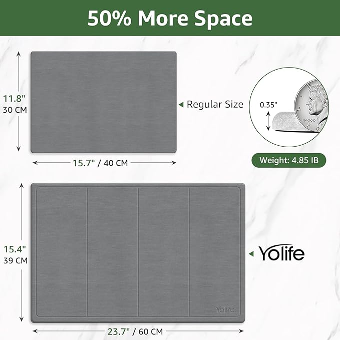Yolife Extra Large Stone Drying Mat for Kitchen Counter 23.7 x 15.4 Kitchen Stone Dish Drying Mat Quick Drying Diatomaceous Earth Dish Drying Mat Stone Dish Mat with Non Slip Pad (Grey)
