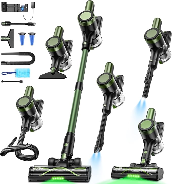 Cordless Vacuum Cleaner58kPa/10-in-1 Stick Vacuum with 29-inch Hose and LED Lighting Brush55Mins Runtime Vacuum Cleaner for HomeSelf-Standing Vacuum with Anti-Tangle Brush for Pet Hair/Carpet/Floor