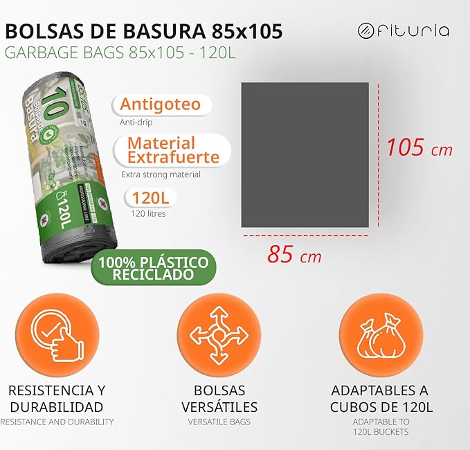 Waste Bags Trash Bags 120L Durable 100% Recycled and Recyclable Material Leakproof Plastic Bags Suitable for All Types of Waste 85 x 105 cm – Ophituria (30 Bags 120L)