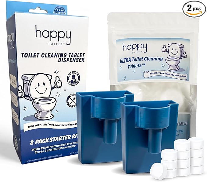 Happy Toilet Cleaner - 2 Automatic Toilet Bowl Cleaner Toilet Tablet Holder &amp 12-Pack Ultra-Strength Cleaner Tablets - Easy to Install Self-Cleaning Toilet System Deep Clean with Every Flush
