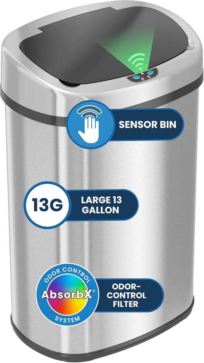 iTouchless 13 Gallon Oval Sensor Trash Can with Odor Filter Fingerprint-Proof Stainless Steel 50 Liter Automatic Kitchen Garbage Bin Smart Hands-Free Motion Lid Quiet Soft-Close Brushed Silver