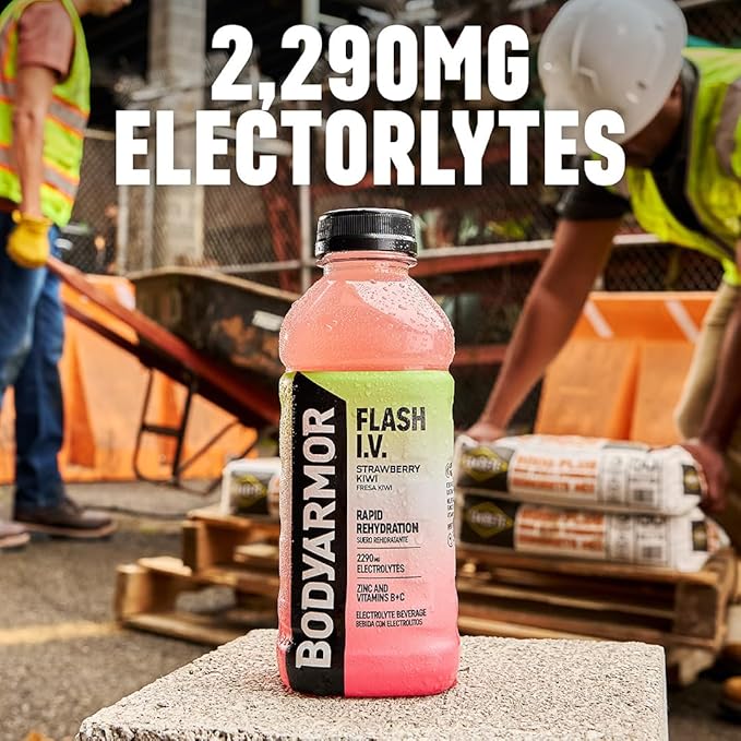 BODYARMOR Flash I.V. Electrolyte Beverage Strawberry Kiwi Hydration Drink with Coconut Water For Rapid Rehydration Post Workout Recovery 20 Fl Oz (Pack of 12)