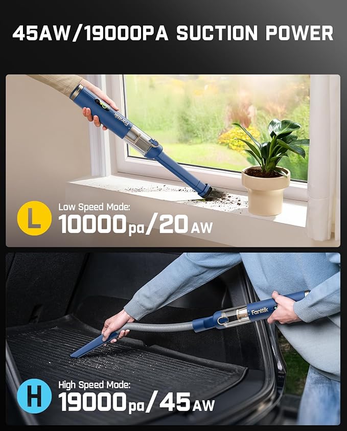 Fanttik Slim V10 APEX Cordless Car Vacuum 4-in-1 Portable Mini Handheld Vac 19kPa Suction Power Upgraded Smart Digital Display 2 Suction Modes for Small Jobs Car Office Desk Keyboards (Blue)