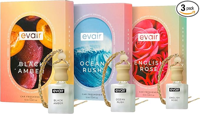 Evair Combo Pack of Car Air Freshener with Essential Oils Fragrances Black Amber Ocean Rush &amp English Rose in Glass Bottle with Wooden Diffuser Lid | Each 10 ml- Pack of 3
