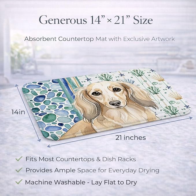Caroline's Treasures Longhaired Cream Dachshund Coastal Sea Glass Dish Drying Mat Absorbent Dish Drying Mat Pad for Kitchen Counter Dish Drainer Mat for Countertop 14 x 21 Multicolor