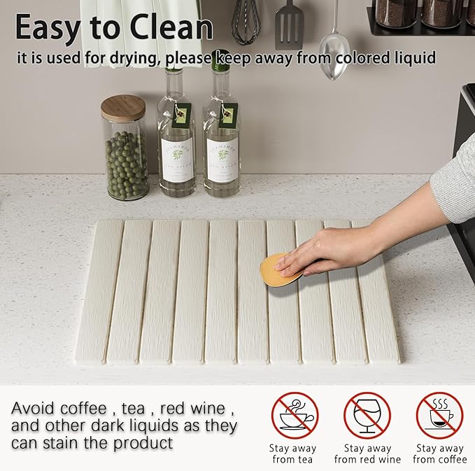 Stone dish drying mats for kitchen counter large 23.6L x 15.4W foldable diatomite dish stone drying mat quick dry extra fast absorbent roll up rack White/Black foldable stone dish drying mat
