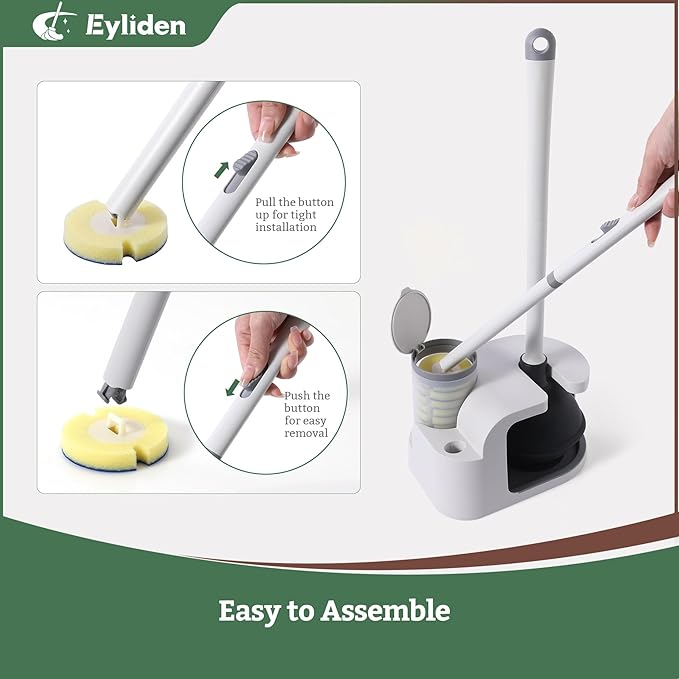 Eyliden Disposable Toilet Brush and Plunger Combo | 2-in-1 Toilet Bowl Wand Kit - 10 Count Pre-Soaked Refill Heads 3-Step Plunger Storage Holder - Compact Toilet Cleaning System (White)