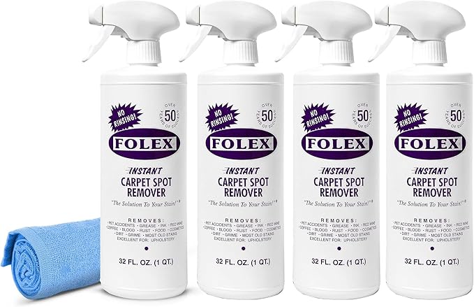 FOLEX Instant Carpet Spot Remover 32 oz – Powerful Stain Remover for Carpets Upholstery &amp Rugs – Eliminates Pet Stains Grease Red Wine Food Makeup &amp More – With Reusable Cleaning Cloth –