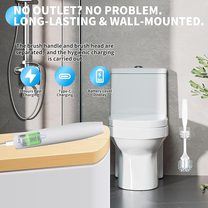 Electric Toilet Brush Ultra Quiet &amp Powerful Scrubbing IPX7 Waterproof Self-Cleaning Brush for Toilet/Bathtub/Grout Cordless Spin Scrubber with 320RPM Turbo Power - White